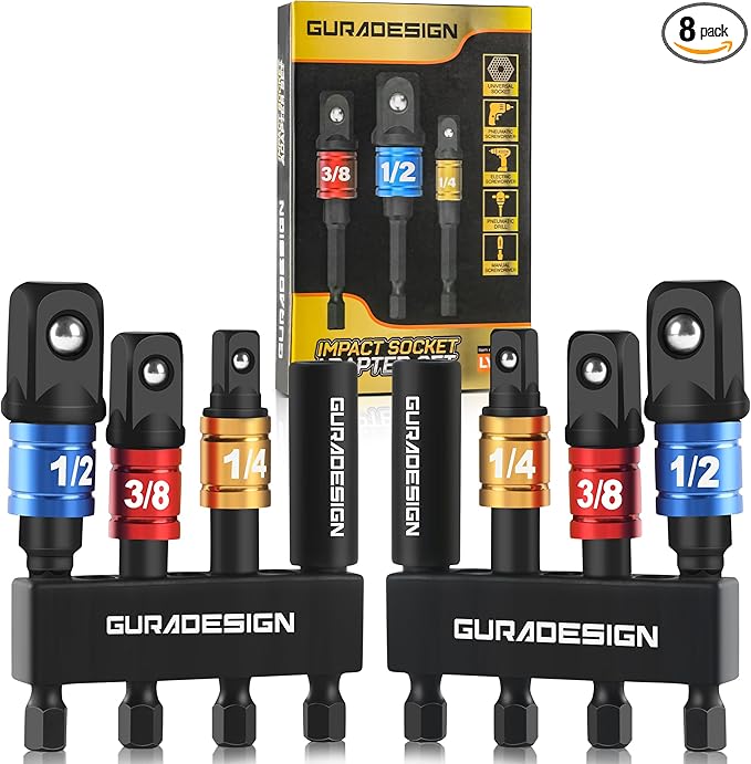 8-Piece Impact Socket Adapter Set for Drill, 1/4" 3/8" 1/2" Hex Shank Impact Driver Socket Adapter, Socket to Drill Adapter