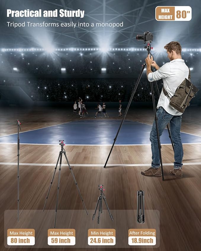 CAMBOFOTO 80"-Professional-DSLR-Camera-Tripod, SLR Ball Head Aluminum Photography Tri pod & Monopod with Carry Bag Compatible with Canon/Nikon/Binoculars/Telescope (Weight 3.6 Lbs, 33Lbs Load)