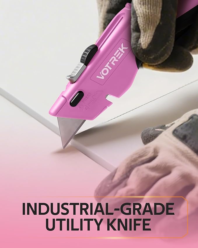 Box Cutter Utility Knife, 2-in-1 Safety Retractable Box Cutter for Women, Quick Change Razor Knife for Home, Office & DIY, Blade Storage Design, with Extra Sharp Razor & Hook Blades (Pink)