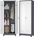 Broom Storage Cabinets, 65" Tall Broom Closet with Hanging Rod, Utility Closet Storage Cabinets with Doors and Shelves, Cleaning Tool Cabinet for Utility Room, Bathroom