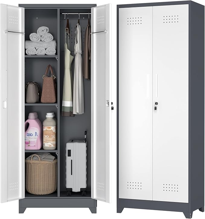 Broom Storage Cabinets, 65" Tall Broom Closet with Hanging Rod, Utility Closet Storage Cabinets with Doors and Shelves, Cleaning Tool Cabinet for Utility Room, Bathroom