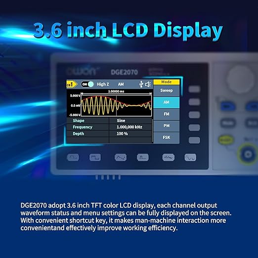 OWON DGE2070 70MHz Dual Channel Arbitrary Waveform Generator, 300MSa/s Sampling Rate, 14-Bit Resolution, 150 Built-in Waveforms, 3.6” LCD, Portable Signal Generator for Lab & Electronics Testing
