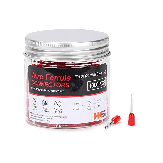 HKS 1000PCS Wire Ferrule Connectors - AWG 24-0.34mm² Copper Barrel Pin Cord Ends Insulated Ferrules Terminals - E0308 Red