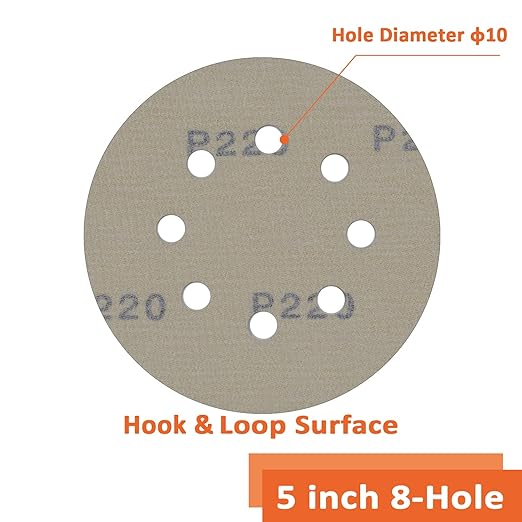 Orbital Sander Paper 5 Inch 8 Hole 220 Grit Sanding Disc,Hook and Loop Wet/Dry Gold Replacement Sandpaper,Suitable for Wood,Plastic Grinding and Polishing,Pack of 50