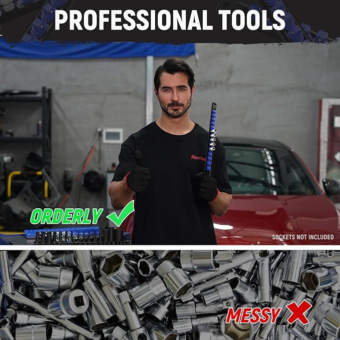 Magnetic Socket Organizer, 1-Piece Heavty Duty ABS Socket Holder, Socket Rail for Tool Box, Premium Quality 360° Swivel Socket Rack with 14 Clips for 3/8-Inch(Blue)