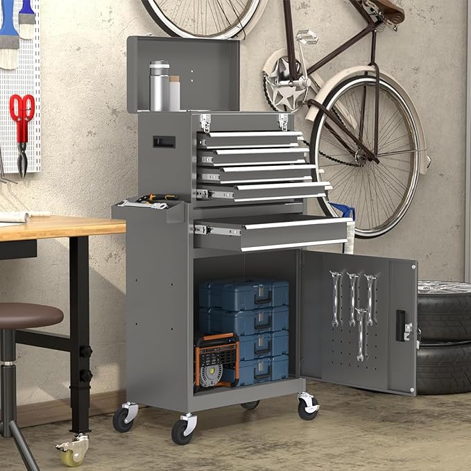 5-Drawers Tool Chest, 2-in-1 Mechanic Rolling Tool Box Removable Lockable Tool Storage Cabinet, Metal Tool Cart with Drawers and Wheels for Garage, Workshop