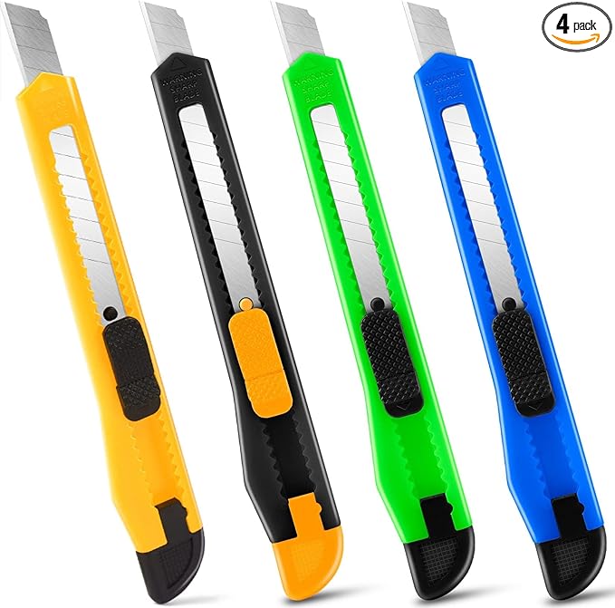 Box Cutter Retractable - 4 Pack - Premium Utility Knife - 9mm Wide Snap-Off Blades Razor Knife - Box Opener for Cutting Carboard, Boxes - Exacto Knife Box Knife for Home, Office, Craft Use