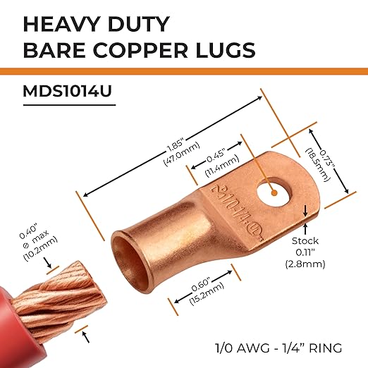 SELTERM 5pcs 1/0 AWG 1/4" Stud Copper Wire Lugs, Ring Terminals, Battery Cable Ends, 0 Gauge Ring Terminal Connectors, UL Heavy Duty Bare Copper Eyelets Battery Terminal Connectors