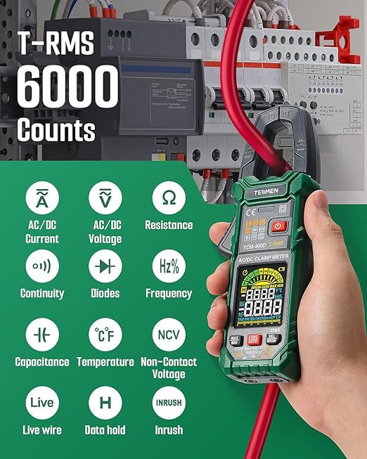 TESMEN TCM-300D Digital Clamp Meter, 6000 Counts Multimeter, Voltage Tester with AC/DC Current &Voltage, Auto-Ranging Voltmeter with Inrush Capacitance Resistance Diode Continuity NCV/Live Wire