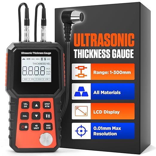 Ultrasonic Thickness Gauge Industrial for All Materials, Steel, Plastic, Glass, PVC, Pipes, Metal Thickness Gauge Meter - Range 0.039 to 11.8 Inch, LCD Display (All Materials)
