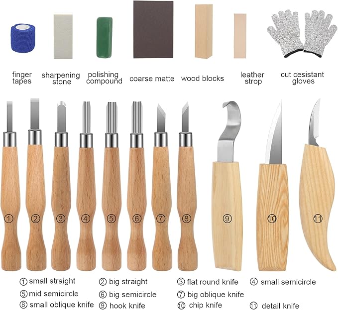 Wood Carving Kit, 22pcs Whittling Kit with Detail Wood Carving Knife Whittling Knife Wood Chisel Knife Gloves Polishing Compound Sharpener for Woodworking Beginners Adults Kids
