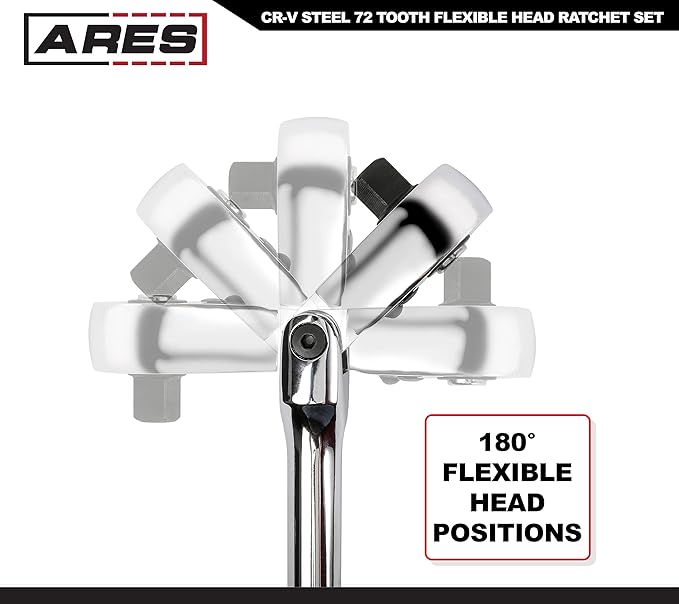 ARES 42028 - Flex Head Ratchet Set - 3-Piece 72-Tooth Ratchet - Premium Chrome Vanadium Steel Construction & Chrome Plated Finish - 72-Tooth Quick Release Reversible Design with 5 Degree Swing