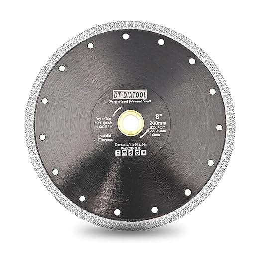 DT-DIATOOL Diamond Tile Blade 8 Inch Diamond Turbo X Mesh Rim Segement Circular Saw Blade for Procelain Ceramic Stoneware Marble Granite Fits 5/8"-7/8" Arbor