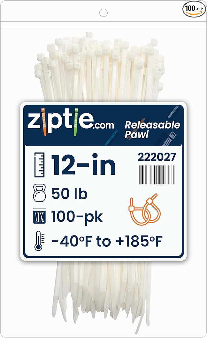 ZipTie.com 12-Inch Natural Releasable Pawl Zip Ties - 50-lb Tensile Strength Cord Management - UL Listed Reusable Cable Ties - UL 21 Listed, UV Resistant, Indoor & Outdoor Multi-Purpose (100-Pack)
