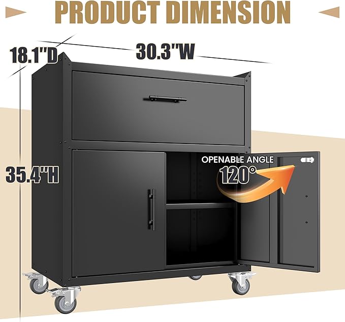 Metal Storage Cabinet, Locking Storage Cabinet with Drawer and Adjustable Shelf, Rolling Tool Cabinets for Garage, Office, Black, Assembly Required (18.4" D x 30.3" W x 35.4" H)