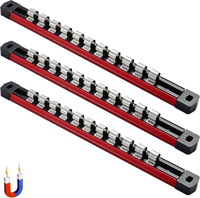ALOANES 3-Piece Magnetic Socket Organizer, Heavy Duty Aluminum Socket Rails Organizer with 33 Stainless Clips (1/2-Inch) - Red
