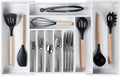 Premium Silverware, Flatware and Utensil Organizer for Kitchen Drawers, Food-Safe Contract Grade, Expandable from 16 to 28 In, White Bamboo