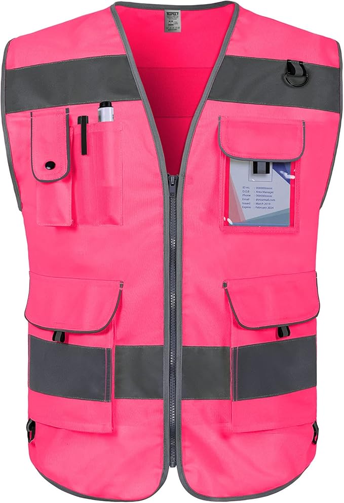 TCCFCCT Safety Vest 9 Pockets High Visibility Reflective Safety Vest for Men Women, Hi Vis Work Vest with Reinforced Sewing, Durable to Use, Meets ANSI/ISEA Standards, (Pink, 3X-Large)