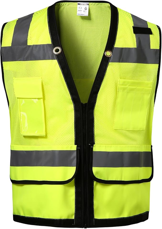 Reflective Safety Vest with Back Pocket, Heavy Duty Hi Vis ANSI/ISEA Standard Vest - Men & Women (Lime, 5XL)