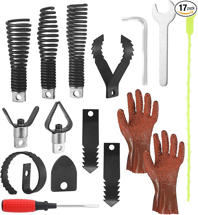 17 Pcs Drain Cleaning Tools, Drain Snake Drill Attachment Cutter and Auger Set, Plumbing Auger Compatible with 50ft-100ft Sewage Cleaning Machines Fits 5/16 Inch to 3/4 Inch Snake Cables