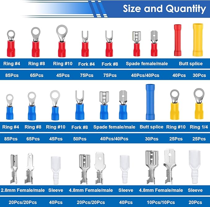 smseace 1100Pcs Crimp Wire Connectors with Crimping Tool Packed in Handheld box 22-10AWG Insulated Crimp Spade/Fork/Ring/Butt Electrical Speaker Wire Connector