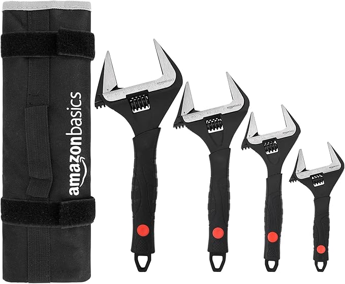 Amazon Basics 4-Piece Plumbing Adjustable Wrench with Soft Grip, Wide Mouth, Includes: 6-inch (150mm), 8-inch (200mm), 10-inch (250mm), 12-inch (300mm), 4 Sizes Bundle