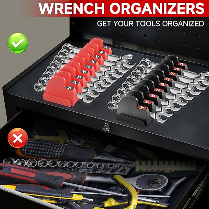 ‌Yaseingoo Magnetic Modular Wrench Organizer Set for Tool Drawers - Customizable Wrench Rack with Metric & SAE Labels, Tool Storage Holder (48-Piece, Strong Magnets) - Gift for Men/Father/Brother-Red