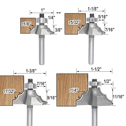 4Pcs Bearing Guided Bead Ovolo Bit Set,1/4" Shank Decorative Edge Bits with Double Round,Rounding Over Radius 3.2mm, 4mm, 5.5mm, 6.35mm, for Wood Profiling,Molding