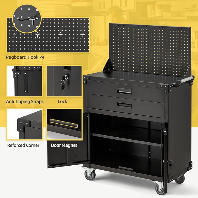 52'' Work Bench for Garage with Pegboard Drawers and Cabinets Heavy Duty Metal Frame Tool Bench for Shop Kitchen Cabinets Organizer Work Table with Wheels