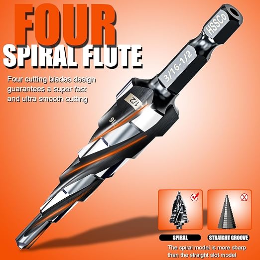 Four Spiral Flute Step Drill Bit for Metal,M35 Cobalt Unibit Step Drill Bit Set 3/16"-1/2"(6 Sizes),Wear-Resistant AlTiN Coated,1/4" Hex Shank for Metal, Stainless Steel, Aluminum, Plastic