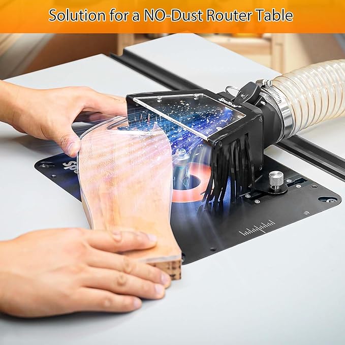 SpeTool Router Table Plate Dust Hood Collector with 2.5" OD Port for Collection Hose, Transparent Acrylic Window with LED Light Clear Visibility, Drill-Holes for DIY Compatible with Insert Plate