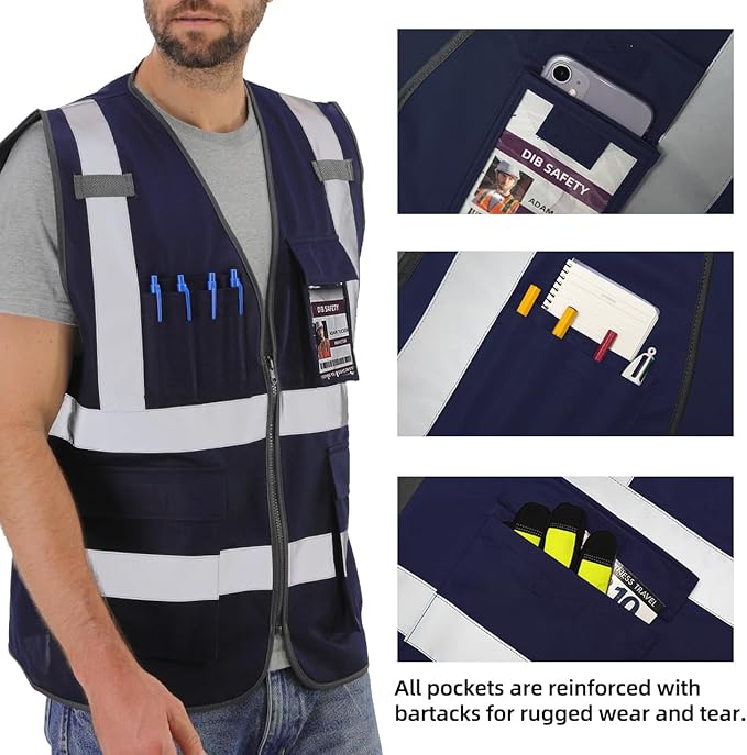 Dib Safety Reflective Vest High Visibility with Pockets and Zipper, Navy 2XL