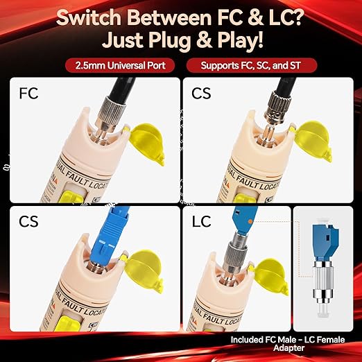 VFL Visual Fault Locator 100mw Fiber Optic Cable Troubleshoot Kit 2.5 mm Universal Connector, with 1pc FC to LC Adapter for Telecommunications & CATV Maintenance