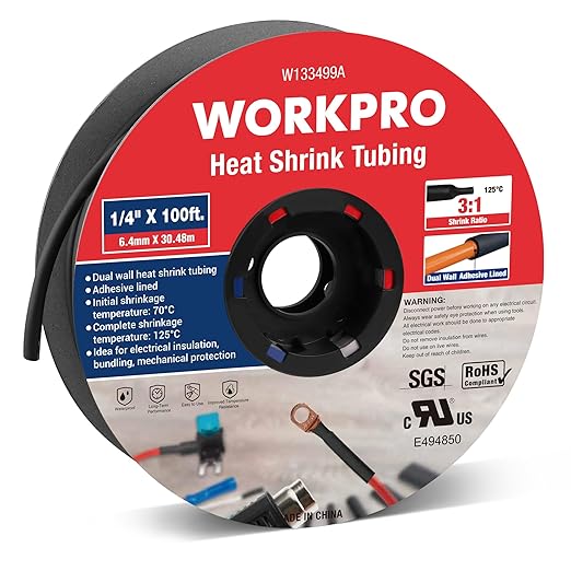 WORKPRO 100 FT 1/4" Heat Shrink Tubing, 3:1 Ratio Dual Wall Adhesive Lined Heat Wire Shrink Wrap Tubing, Industrial and Marine Grade Shrinking Cable Tube, Insulation Sealing and Flame Retardant