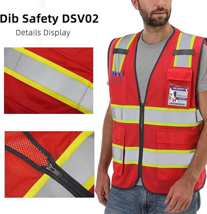 Dib Safety Reflective Mesh Vest High Visibility Two Tone with Pockets and Zipper, Red Mesh with Yellow Trim L