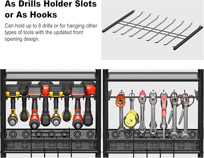 JUNNUJ Power Tool Organizer Floor Stand with Charging Station, Garage Adjustable Storage Rack Utility Tool Shelf with 8 Outlet Power Strip, Heavy Duty Drill and Battery Holder, Red