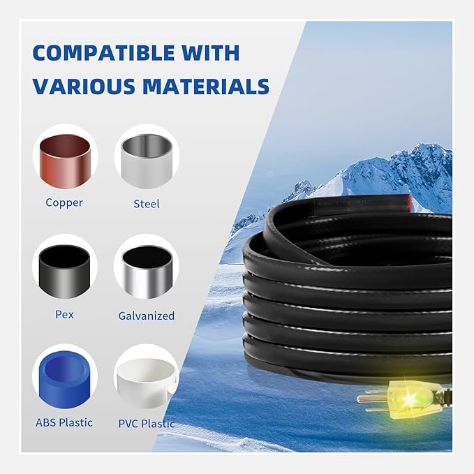 60FT Heat Cable for Water Pipes, Prevent Freezing & Easy Installation, Water Pipe Heat Cable With Thermostat Self-Regulating, Pipe Heating Trace System 120 V