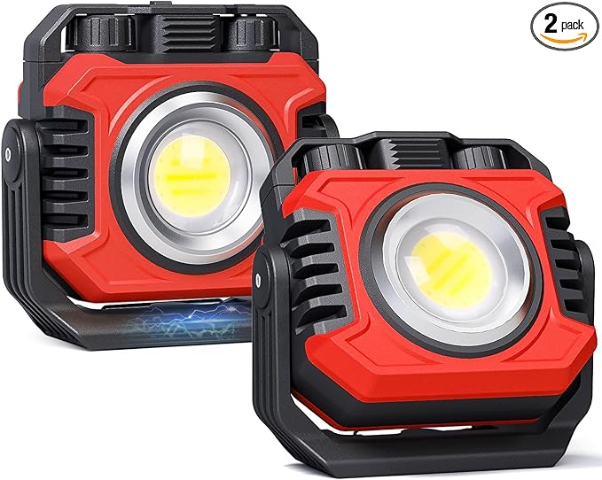Samyoung 2 Pack 2400LM Rechargeable Work Light, 28 Hours Long Lasting Stepless 2700-8000K White Warm & Brightness Magnetic LED Work Light, Ultralight 360°Rotating Portable Light with Hook(Red)
