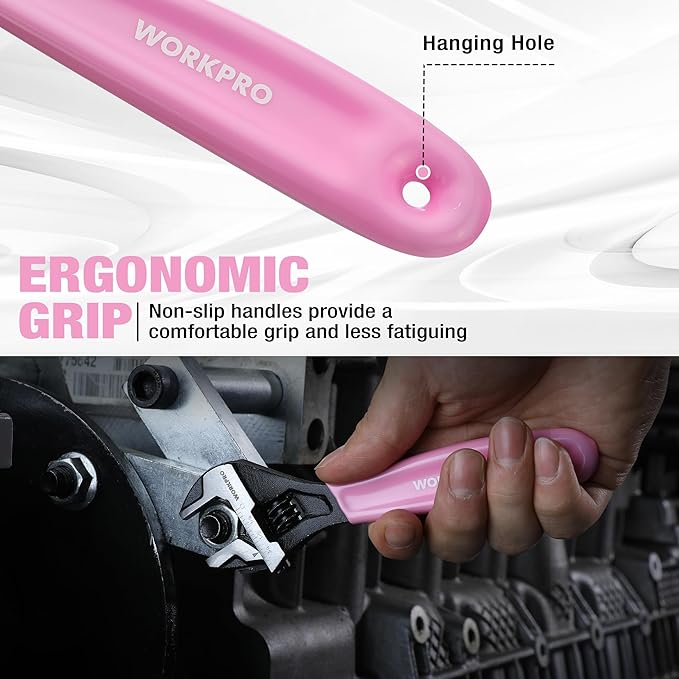 WORKPRO 2-piece Pink Adjustable Wrench Set, 6-Inch & 10-Inch Wrenches, Wide Jaw Black Oxide Wrench, Metric & SAE Scales, Cr-V Steel, for Home, Garage, Workshop-Pink Ribbon