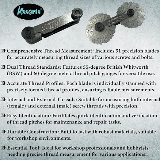 ASSORTS British Whitworth BSW & Metric Screws Bolts Pitch Measure Thread Guage 51 Blades