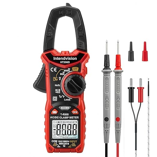 Intendvision Digital Clamp Meter T-RMS 6000 Counts, Amp Clamp Voltage Tester Auto-ranging, NCV AC DC Current Voltage Resistance Capacitance Frequency Diode Temperature Measure Tester HT206D