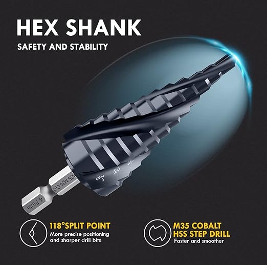 𝗠𝗔𝗖𝗫𝗖𝗢𝗜𝗣 𝗙𝗼𝘂𝗿 𝗦𝗽𝗿𝗶𝗮𝗹 𝗙𝗹𝘂𝘁𝗲 M35 Cobalt Step Drill Bit, 1/8"-7/8" (3PCS) Ultra 𝗧𝗶𝗔𝗜𝗡 Coated, 1/4" Hex Shank Drill Bit for Metal, Stainless Steel, Aluminum, Copper, Wood, PVC