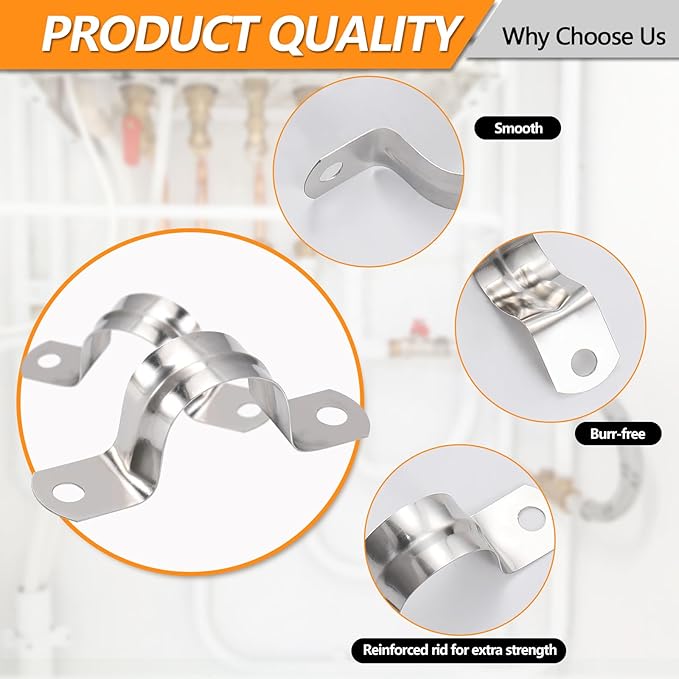 60 Pack M40 (1-1/2") Stainless Steel Pipe Straps - Heavy Duty U-Bracket Clamps with 2 Holes for Rigid Pipe, Cable, and Conduit Fastening (1.57" Width)