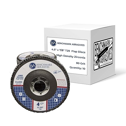 Benchmark Abrasives 4.5" x 7/8" Premium High Density Jumbo Zirconia Type 29 Flap Discs 4 1/2 for Angle Grinder, Sanding Discs, Finishing - Grinding Wheels 4 1/2 Inch (10 Pack) - 80 Grit