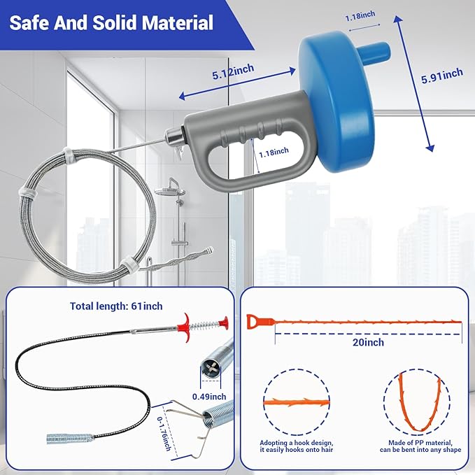 33Ft Drain Auger, Flexible Plumbing Snake & Drain Hair Clog Removal Tool with Gloves, Heavy Duty Pipe Snake Drain Unclogger Tool, Snake Auger for Bathroom Shower Kitchen Sink and Tub
