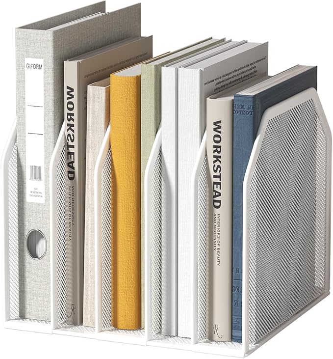 Vertical File Organizer for Desk - Metal Mesh File Holder with 5 Compartments, File Folder Rack & Document Storage Stand, File Sorter for Office/Home/School Use - 9.3" x 8.5" x 7.9"