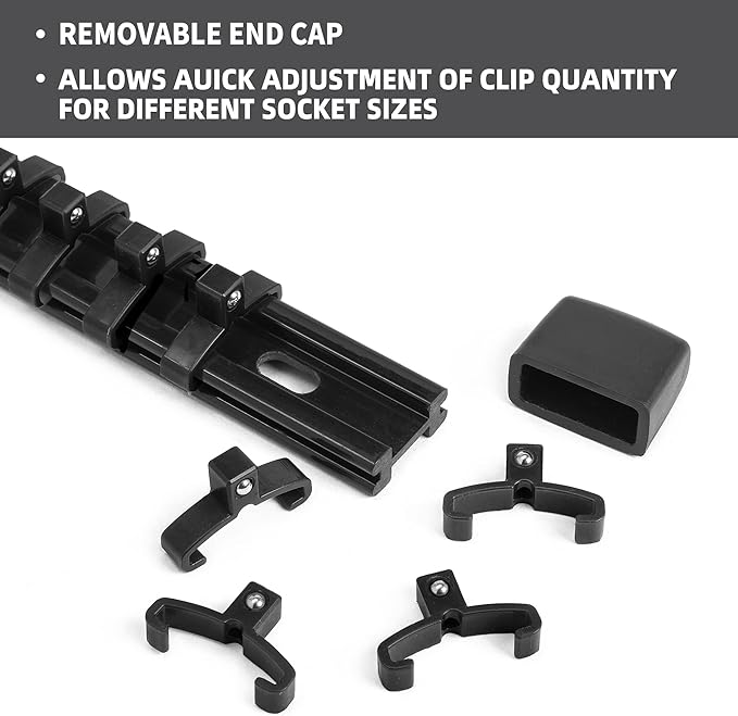 Socket Organizer Drive ABS Tools - Black Socket Holder, Premium Quality 9 Pieces Socket Holders Kit 1/4-Inch x 48 Clips, 3/8-Inch x 45 Clips, 1/2-Inch x 36 Clips（9PC,Black)