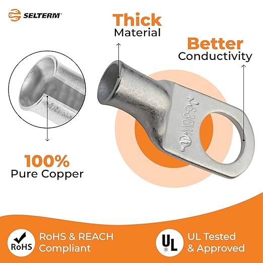 SELTERM 25pcs 6 AWG 3/8" Stud Marine Grade Tinned Copper Battery Cable Lugs, 6 Gauge Ring Terminals, UL Wire Lugs Electrical Battery Cable Ends, Tinned Copper Lugs Battery Terminal Connectors