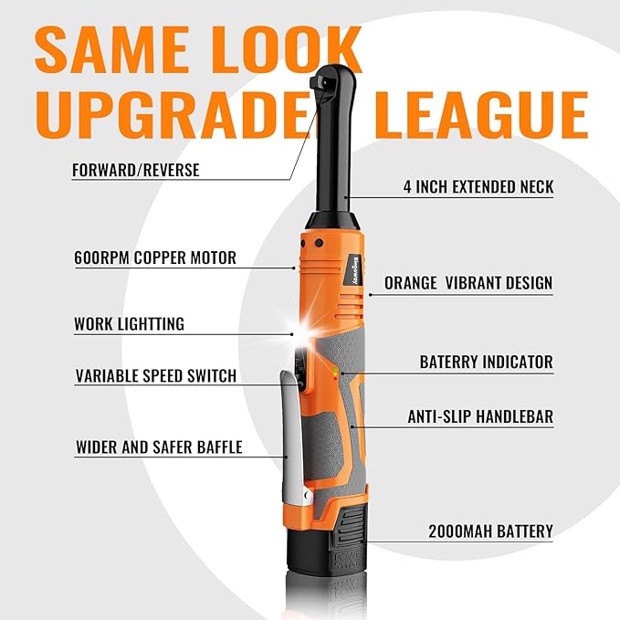 3/8" Extended Electric Ratchet Wrench Set, 45ft-lbs 600 RPM Cordless Long Neck Power Ratchet Wrench Kit with 2pcs Batteries, LED Light, 9 Sockets, Toolbox, Variable Speed, For Housework, Car Repair
