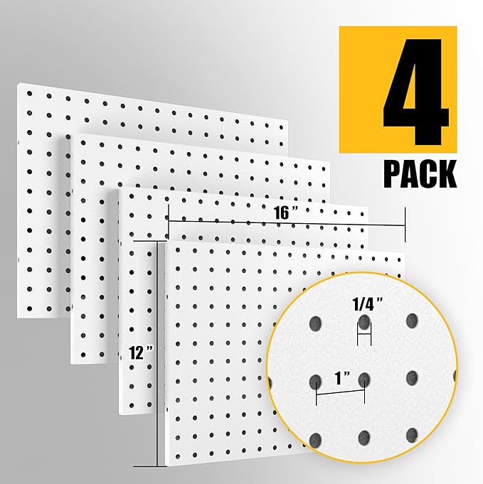 Peg Board, 4 Pack Metal Pegboard Panels White Pegboards Wall Organizer with Bent Frame Heavy Duty Peg Board for Walls Home, Garage Tool Storage, Office Organization, Craft Room, Kitchen